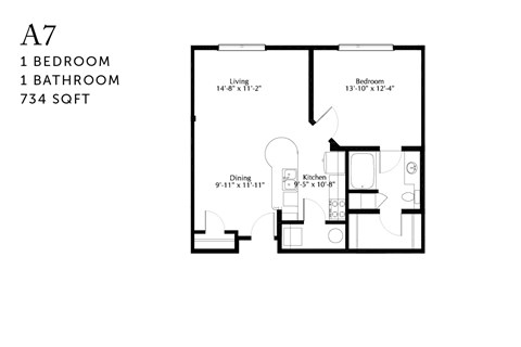 Floor plan for 1 bed, 1 bath, 773 sqft